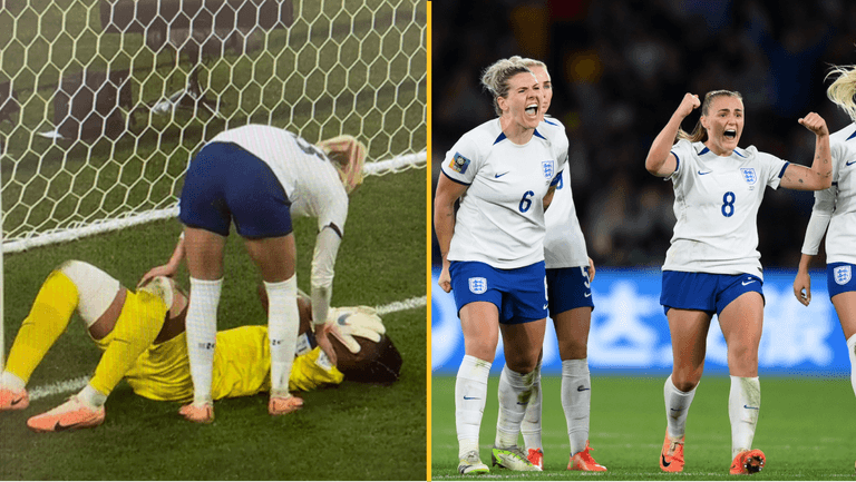 Chloe Kelly consoles Nigeria goalkeeper after England shootout win Chloe Kelly consoles Nigeria goalkeeper after England shootout win
